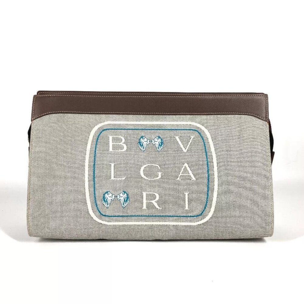 BVLGARI logo bag pouch Cluch Bag Canvas/Leather gray/Brown